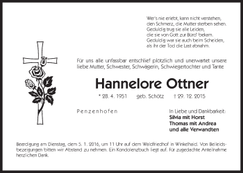 Traueranzeige von Hannelore Ottner von Der Bote