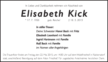 Traueranzeige von Elisabeth Kick von Pegnitz-Zeitung