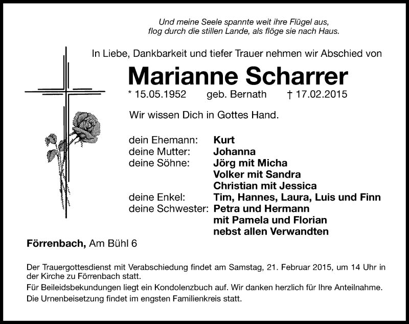  Traueranzeige für Marianne Scharrer vom 19.02.2015 aus Hersbrucker Zeitung
