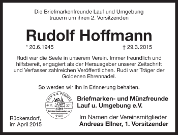 Traueranzeige von Rudolf Hoffmann von Pegnitz-Zeitung