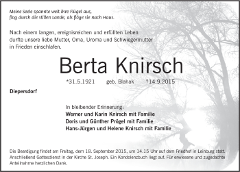 Traueranzeige von Berta Knirsch von Pegnitz-Zeitung