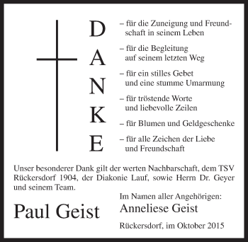 Traueranzeige von Paul Geist von Pegnitz-Zeitung