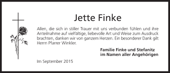 Traueranzeige von Jette Finke von Der Bote