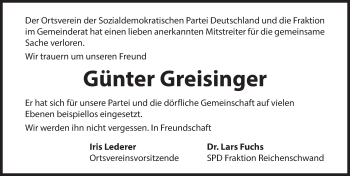 Traueranzeige von Günter Greisinger von Hersbrucker Zeitung