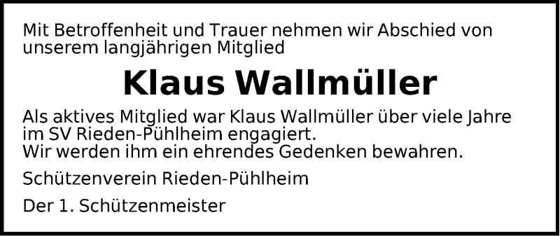  Traueranzeige für Klaus Wallmüller vom 24.03.2015 aus Der Bote