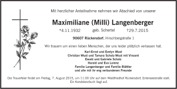 Traueranzeige von Maximiliane Langenberger von Pegnitz-Zeitung