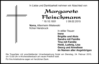 Traueranzeige von Margarete Fleischmann von Hersbrucker Zeitung