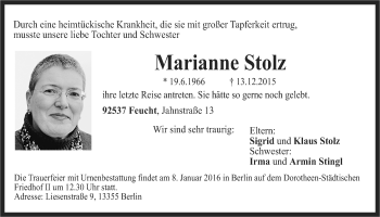 Traueranzeige von Marianne Stolz von Der Bote