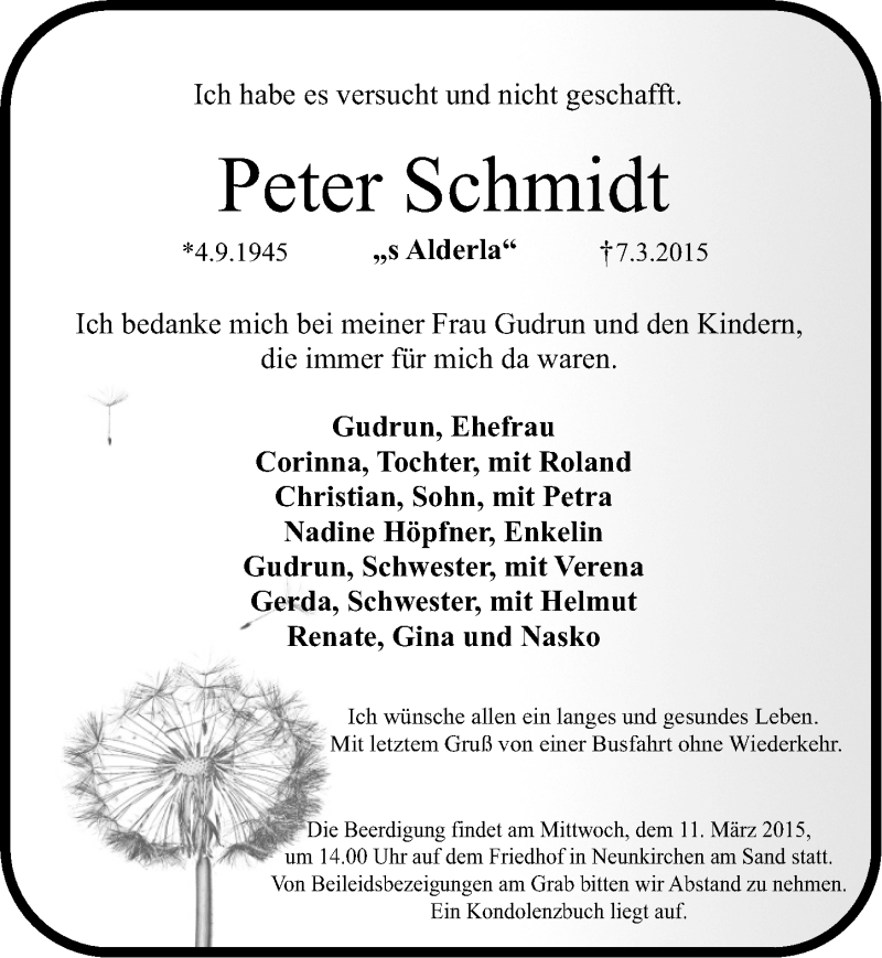  Traueranzeige für Peter Schmidt vom 10.03.2015 aus Pegnitz-Zeitung