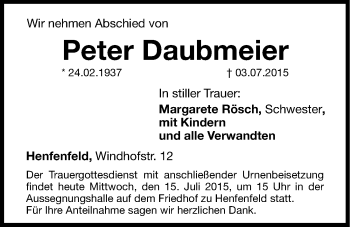 Traueranzeige von Peter Daubmeier von Hersbrucker Zeitung