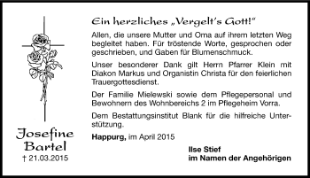 Traueranzeige von Josefine Bartel von Hersbrucker Zeitung