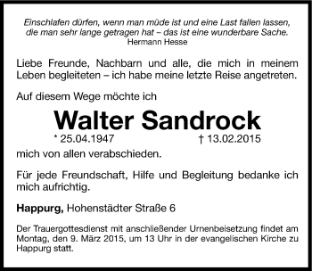 Traueranzeige von Walter Sandrock von Hersbrucker Zeitung