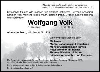 Traueranzeige von Wolfgang Volk von Hersbrucker Zeitung