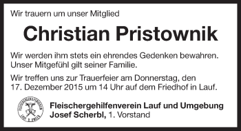 Traueranzeige von Christian Pristownik von Pegnitz-Zeitung