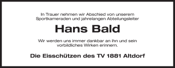 Traueranzeige von Hans Bald von Der Bote