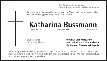 Traueranzeige von Katharina Bussmann von Pegnitz-Zeitung