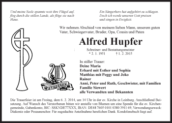Traueranzeige von Alfred Hupfer von Der Bote