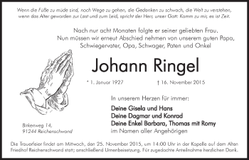 Traueranzeige von Johann Ringel von Hersbrucker Zeitung