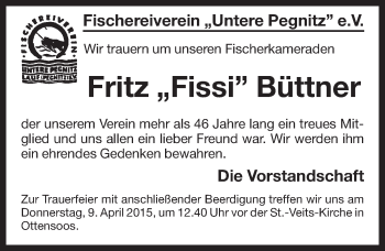 Traueranzeige von Fritz Büttner von Pegnitz-Zeitung