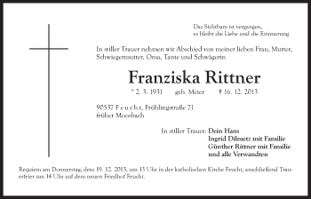 Traueranzeige von Franziska Rittner von Der Bote