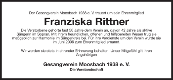 Traueranzeige von Franziska Rittner von Der Bote