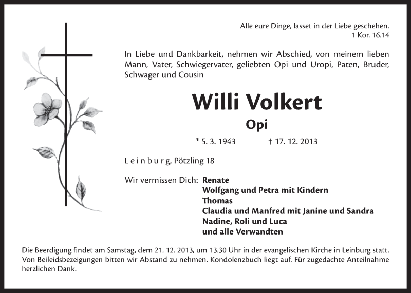  Traueranzeige für Willi Volkert vom 19.12.2013 aus Der Bote