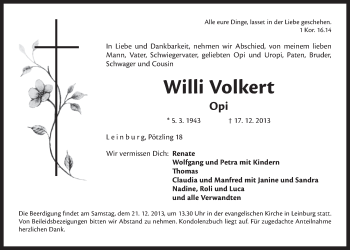 Traueranzeige von Willi Volkert von Der Bote