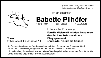 Traueranzeige von Babette Pilhöfer von Hersbrucker Zeitung