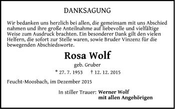 Traueranzeige von Rosa Wolf von Der Bote