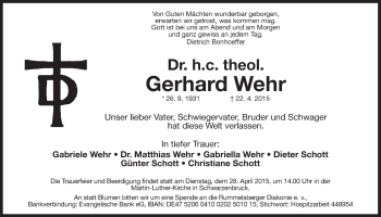 Traueranzeige von Gerhard Wehr von Der Bote