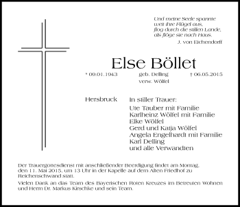 Traueranzeige von Else Böllet von Hersbrucker Zeitung