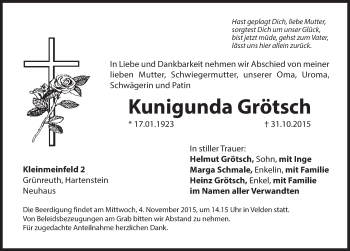 Traueranzeige von Kunigunda Grötsch von Hersbrucker Zeitung
