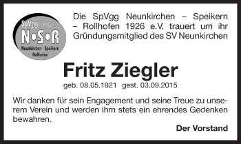 Traueranzeige von Fritz Ziegler von Pegnitz-Zeitung