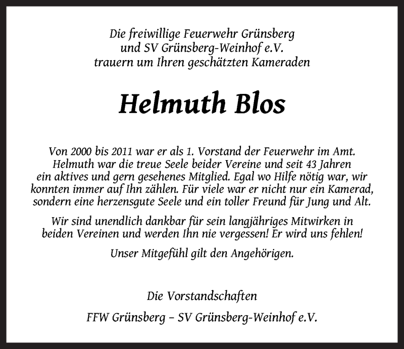  Traueranzeige für Helmuth Blos vom 29.08.2015 aus Der Bote