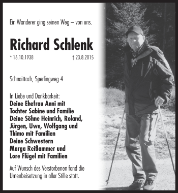Traueranzeige von Richard Schlenk von Pegnitz-Zeitung
