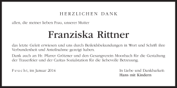 Traueranzeige von Franziska Rittner von Der Bote