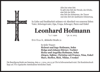 Traueranzeige von Leonhard Hofmann von Der Bote