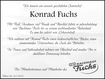 Traueranzeige von Konrad Fuchs von Der Bote