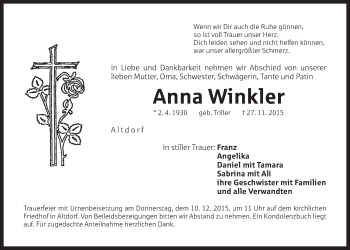 Traueranzeige von Anna Winkler von Der Bote