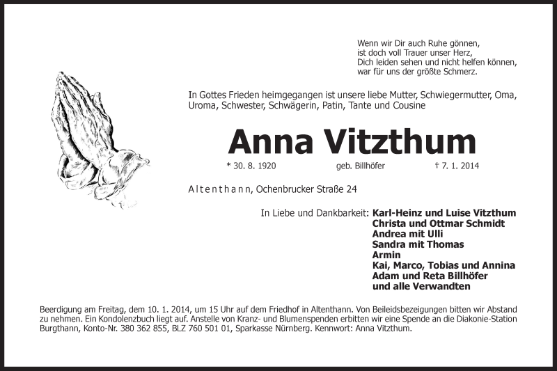  Traueranzeige für Anna Vitzthum vom 08.01.2014 aus Der Bote