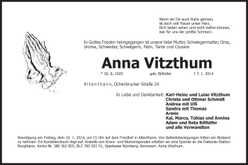 Traueranzeige von Anna Vitzthum von Der Bote