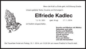 Traueranzeige von Elfriede Kadlec von Der Bote
