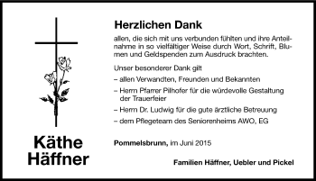 Traueranzeige von Käthe Häffner von Hersbrucker Zeitung