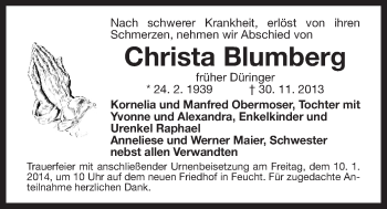 Traueranzeige von Christa Blumberg von Der Bote