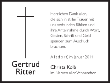 Traueranzeige von Gertrud Ritter von Der Bote