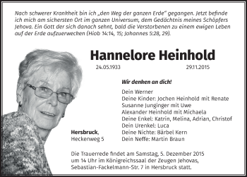 Traueranzeige von Hannelore Heinhold von Hersbrucker Zeitung
