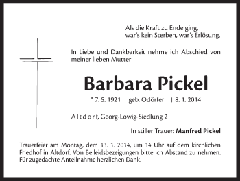 Traueranzeige von Barbara Pickel von Der Bote