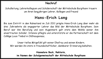 Traueranzeige von Hans-Erich Lang von Der Bote