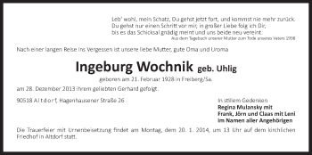 Traueranzeige von Ingeburg Wochnik von Der Bote