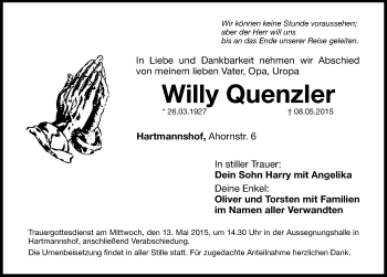 Traueranzeige von Willy Quenzler von Hersbrucker Zeitung